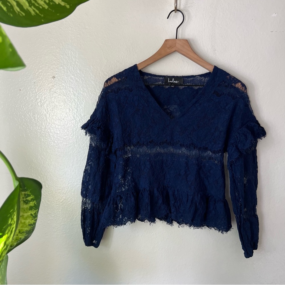 Lulus | Racing Hearts Navy Blue Sheer Lace Long Sleeve Top